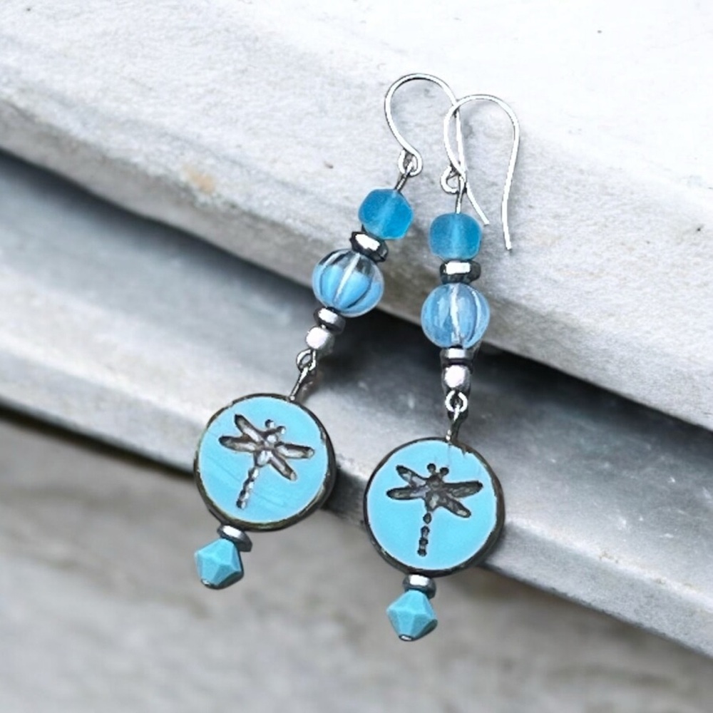 Handcrafted blue dragonfly Czech glass dangly earrings - Picture 6 of 8
